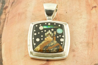 This Pendant is a work of art! Beautiful Starry Night Design at Monument Valley with a Shooting Star! Featuring Picture Jasper, and Black Jade inlaid in Sterling Silver Pendant. Beautiful Fire and Ice Lab Opal Moon. Free 18